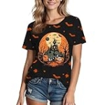 Halloween Shirts for Women: Castle Pumpkin Pattern Halloween Party Short Sleeve Costumes Crewneck T-Shirt @ $5.99