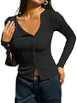 Fisoew Womens Long Sleeve Crop Tops Casual Button Down Shirts Slim Fit Y2k Going Out Ribbed Knit Shirts Black