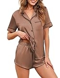Ekouaer Womens Silk Satin Pajamas Set Short Sleeve Sleepwear Button Down Loungewear 2 Piece Pjs Shorts Set Light Brown Medium