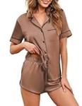 Ekouaer Womens Silk Satin Pajamas Set Short Sleeve Sleepwear Button Down Loungewear 2 Piece Pjs Shorts Set Light Brown Medium