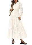 PRETTYGARDEN Women’s Long Sleeve Maxi Dress V Neck Hollow Out Eyelet A Line Long Flowy 2025 Fall Wedding Guest Dresses (White,Medium)