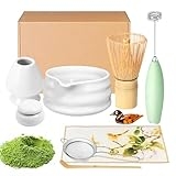 Matcha Whisk Set and Bowl, Matcha Making Kit Whisk, Bowl With Spout, Powder Starter Sifter, Ceramic Whisk Holder, Spoon Japanese Tea Tools For Ceremony Gift (White, 9 Pack)