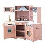 TaoHFE Play Kitchen with Lights and Sounds Pink Kids Kitchen Toddler Kitchen Set with Washer Chalkboard Wooden Kitchen Kids Playset with Washing Machine Range Hood Girls Boys Gift for Ages 3+