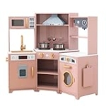 TaoHFE Play Kitchen with Lights and Sounds Pink Kids Kitchen Toddler Kitchen Set with Washer Chalkboard Wooden Kitchen Kids Playset with Washing Machine Range Hood Girls Boys Gift for Ages 3+