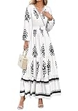 PRETTYGARDEN Women’s 2026 Fall Wedding Guest Dresses Boho Floral Long Sleeve V Neck Flowy Elegant Maxi Dress Beach Clothes (Floral White Black,X-Large)
