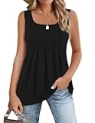 Zeagoo Women’s Sleeveless Tank Tops Black Casual Square Neck Tank Top Summer Solid Color Pleated Babydoll Tunic Tops