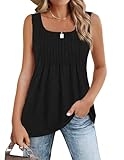 Zeagoo Women’s Sleeveless Tank Tops Black Casual Square Neck Tank Top Summer Solid Color Pleated Babydoll Tunic Tops