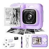 ETIKEZ Kids Camera, 1080P Instant Digital Print Camera for Kids, Christmas Birthday Gifts for 4 5 6 7 8 9 10 Year Old Girls Boys, Portable Toy with 32GB SD Card & 3 Rolls Printing Paper, Purple