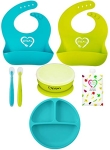 Baby Feeding Set | Silicone Bib Plates Bowls Spoons | Divided Plate Suction Bowl & Soft Spoon Aids Self Feeding | Adjustable Bib Easily Wipe Clean | Spend Less Time Cleaning Up After Toddler/Babies