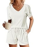 Ekouaer Womens Ribbed Knit Lounge Set Short Sleeve Top and Shorts Sleepwear Pajama Set Two Piece Shorts Outfits Set White