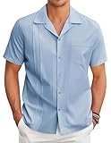 COOFANDY Men’s Cuban Guayabera Shirt Casual Button Up Shirt Beah Wedding Tops with Pocket Light Blue
