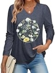 Womens Vintage Floral V Neck Shirts Boho Wildflowers Graphic Long Sleeve T-Shirts Cute Loose Casual Tee Tops Blue XL
