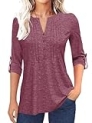 Grlasen Women’s Fashion Long Sleeve T-Shirt Pleated Button V-Neck Solid Color Casual Tunic Top Purplish Red