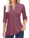 Grlasen Women’s Fashion Long Sleeve T-Shirt Pleated Button V-Neck Solid Color Casual Tunic Top Purplish Red