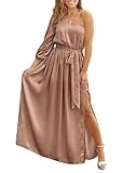 KIRUNDO Women’s Satin Long Sleeve One Shoulder Maxi Dress Asymmetrical Tie Waist Slit Party Cocktail Long Formal Dresses (Camel, Medium) @ $41.39