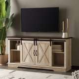 Walker Edison Richmond Modern Farmhouse Sliding Barn Door TV Stand for TVs up to 65 Inches, 58 Inch, White Oak/ Traditional Brown