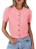 PRETTYGARDEN Womens Casual Summer Short Sleeve Cardigans 2026 Button Down Knitted Sweater Basic Crew Neck Crop Tops (Pink,Medium) @ $14.99