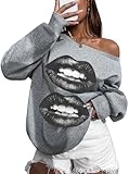 LovelyWholesale Women Off the Shoulder Sweatshirts Graphic Casual Long Sleeve Pullover Grey Lips X-Large