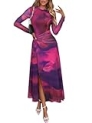 ECOWISH Long Sleeve Midi Formal Dress Women Fall Ruched Bodycon Party Cocktail Club Mesh Dresses Crewneck Floral Tie Dye Slit Purple Floral X-Large