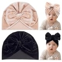 Subesty Velvet Baby Hats, 2pcs Baby Turban Hats for Girls Newborn Beanie Caps with Big Bows Soft Solid Headwraps for Infant Toddlers (Black + Beige) @ $4.49