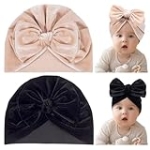 Subesty Velvet Baby Hats, 2pcs Baby Turban Hats for Girls Newborn Beanie Caps with Big Bows Soft Solid Headwraps for Infant Toddlers (Black + Beige) @ $4.49