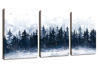 Indigo Forest Wall Art Foggy Landscape Canvas Prints Snow Woods Canvas Pictures Misty Pine Trees Canvas Painting Artwork for Living Room Bedroom Bathroom Office Wall Decor Framed 12″ X 16″ X 3Pcs
