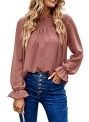 Zenlonr Women Swiss Dot Spring Summer Tops 2023 Casual Long Sleeve Ruffle Mock Neck Chiffon Blouses Solid Loose Work Shirts(Rose Pink @ $11.99