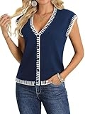 RMCMS Womens Vest Top Trendy Button V Neck Cap Sleeve Knitted Shirt Fall Lightweight Casual Sweater Vest Navy Blue 2X