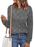 Womens Sweaters 2025 Fashion Trendy Long Sleeve Crewneck Checkered Sweater Knit Loose Pullover Sweater Tops(Gray M)