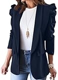 KIRUNDO Women’s 2025 Spring Fall Casual Blazers Puff Sleeve Lapel Open Front Work Suit Office Blazer Jackets with Pockets (Dark Blue, Medium)