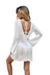 WODECASA Women’s Crochet Swimsuit Cover Up Long Sleeve Knit Hollow Out Bathing Suit Cover Ups Tied Back V-Neck Beach Dress