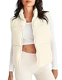 MEROKEETY Womens Puffer Vest Stand Collar Zip Up Sleeveless Padded Gilet Coat with Pockets, Beige, Small @ 15.48