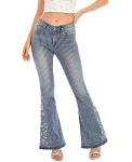Women Embroidered Bell Bottom Jeans Stretch Mide Waist Stripped Floral Flared Jean Slim Fitted Denim Flares Pants (Stripe @ $9.97