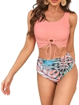 CALSUZ Women Two Piece Bikini-Set High Waisted Swimsuit Tie Front Back Cheeky Bathing Suit Summer Scoop Swimwear Pink&Leaf/S @ $20.79