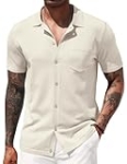 COOFANDY Mens Knit Button Down Shirt Vintage Casual Beach Polo Striped Pocket Breathable Beige @ $20.99