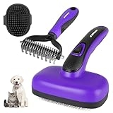 COZYGIFT Dog Brush Kit – 3 PCS Grooming Set with Self-Cleaning Brush, Undercoat Rake & Pet Bath Brush. Great for Shedding, Tangles & Dirt Removal – Ideal for Long & Short Haired Dogs & Cats, Purple