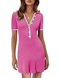 Saodimallsu Womens V Neck Short Sleeve Slim Fit Bodycon Sweater Dress Button Up Ribbed Knit Mini Summer Dresses Pink