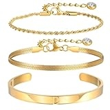 KSF Gold Bracelet for Women Stack 14K Gold Plated Initial Bangle Cuff Bracelet Set for Women Non Tarnish Herringbone Cuban Link Chain Bracelets Jewelry for Women Trendy