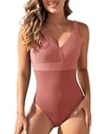 Minmaxmum One Piece Bathing Suit for Women High Waist Ribbed Swimsuits V Neck Backless Swimwear DarkPink M @ $9.99