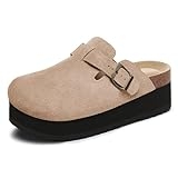 Rihero Women’s Platform Clogs Adjustable Buckle Cork Footbed Slip on Suede Clog Slippers Apricot Size 8 @ $35.99