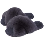 Womens Cross Band Slippers Cozy Furry Fuzzy House Slippers Open Toe Fluffy Indoor Shoes Outdoor Slip on Warm Breathable Anti-skid Sole Dark Grey 7-8 M @ $7.99