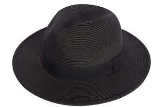 Joywant Abby Straw Sun Hat for Women with UV Protection Wide Brim Wind Lanyard,Travel Foldable Summer Beach Hat Panama Fedora-Black