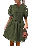 KIRUNDO Eyelet Summer Dresses for Women 2025 Short Sleeve Tie Front Babydoll A Line Wedding Guest Beach Vacation Sundress(Army Green, X-Large)