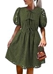 KIRUNDO Eyelet Summer Dresses for Women 2025 Short Sleeve Tie Front Babydoll A Line Wedding Guest Beach Vacation Sundress(Army Green, X-Large)