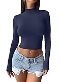 REORIA Womens Basic Mock Turtle Neck Long Sleeve Lightweight Double Lined Fall Fashion Layering Slim Soft Going Out Fitted Shirts Crop Tops Starry Blue Medium