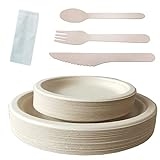 Heavy Duty Disposable Plates and Cutlery Set 180 Piece Compostable Paper Plates 10 inch bulk include Biodegradable Plates 7&10 inch, Forks, Knive, Spoons and Napkins for Party, Camping, Holiday @ $13.99
