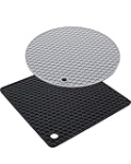 2 Silicone Trivet Mats for Hot Dishes, Kitchen Potholders, Jar Opener, Spoon Holder, Hot Pots and Pans, Silicone Mats for Kitchen, Flexible Easy to Wash & Dry, Black & Grey, Thickness 0.4