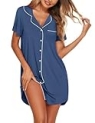Ekouaer Womens Nightgown Button Down Night Gowns Short Sleeve Sleepshirt V Neck Nightshirt Soft Sleepwear, Blue, XXL