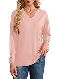 YOKGO Women’s Long Sleeve Shirts Loose Fit Blouses Casual V Neck Tops Tunic Plus Work Basic Tees Business Fall Outfits 2025 Light Pink