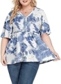 POSESHE Women’s Plus Size Tie Dye Tunic Tops Summer V Neck Henley Shirt Short Sleeve T Shirts(Blue Tie-dye,L)